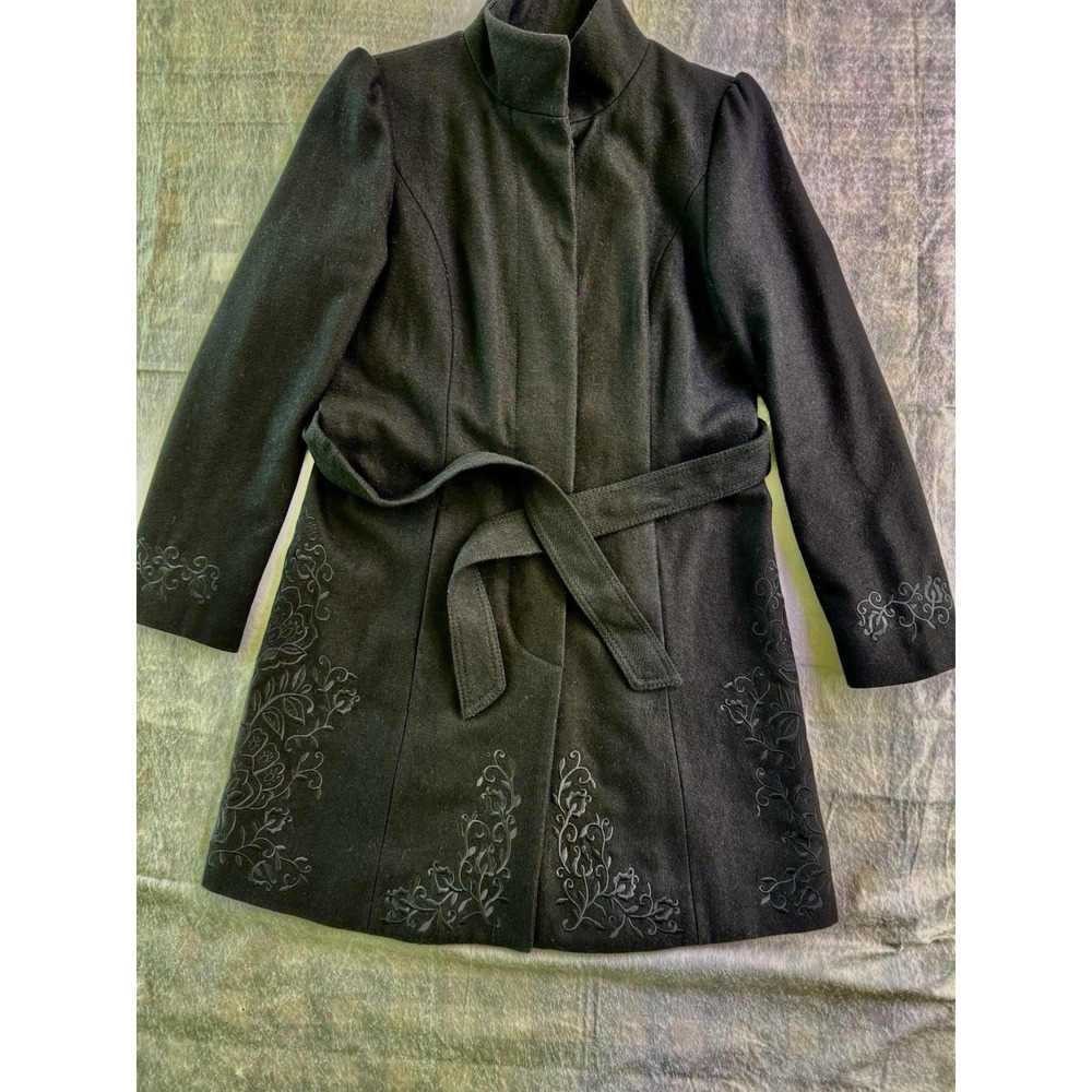Embroidered Belted Floral Black Mid-Length Women's Coat Long Sleeve